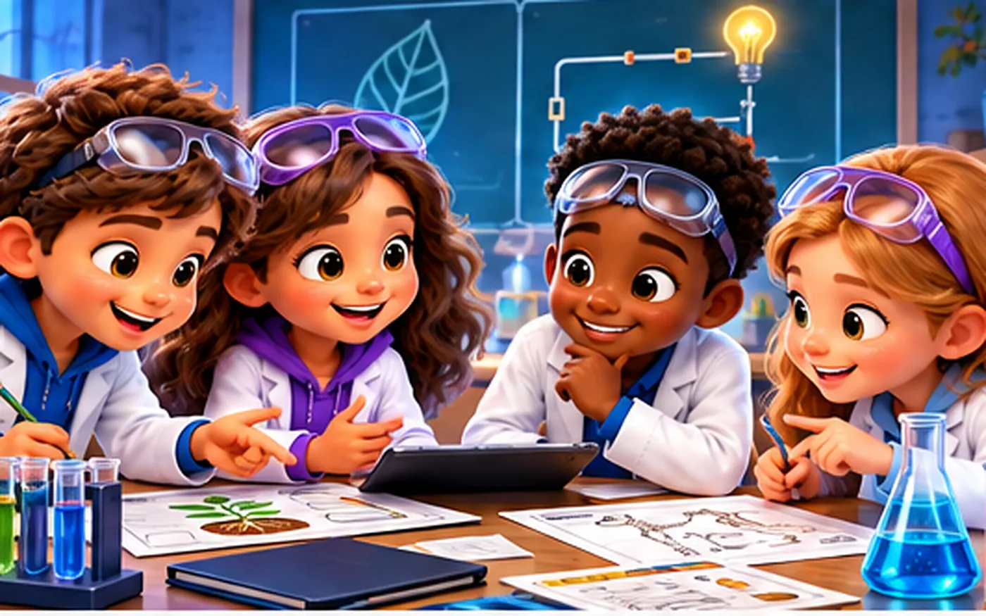 Groups of pupils solving science puzzles together in a classroom