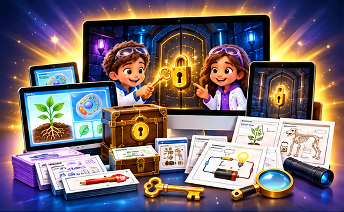 A tablet, printed booklets, decoder cards and a golden key on a desk